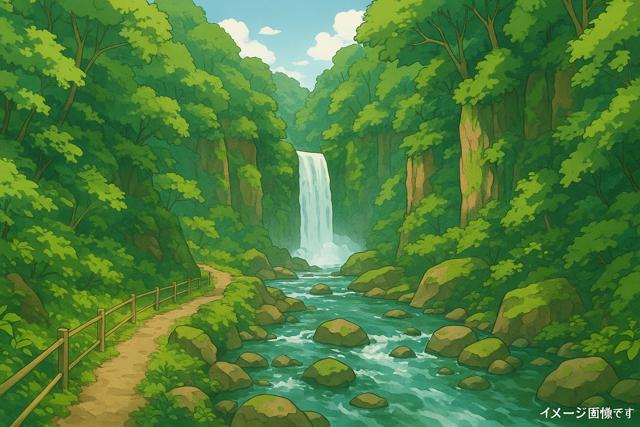 A scenic gorge in Kumamoto with a peaceful walking path and waterfall, ideal for nature exploration