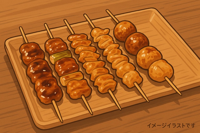 Yakitori skewers on a wooden platter in illustrated style
